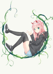 Rule 34 | 10s, 1girl, absurdres, black footwear, black hoodie, black thighhighs, blue shorts, blush, closed mouth, darling in the franxx, dragon xiuluo, green eyes, grey background, hair between eyes, hand up, highres, hood, hood down, hoodie, horns, long hair, long sleeves, pink hair, shoes, short shorts, shorts, smile, solo, thighhighs, v, very long hair, zero two (darling in the franxx)