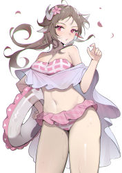 Rule 34 | 1girl, :o, absurdres, animal ears, arknights, bare legs, bare shoulders, bikini, breasts, brown hair, chinese commentary, cleavage, collarbone, dress, eyjafjalla (arknights), eyjafjalla (summer flower) (arknights), frilled skirt, frills, goat ears, goat horns, hair between eyes, hand on own hip, highres, holding, holding swim ring, horns, innertube, midriff, navel, off-shoulder dress, off shoulder, official alternate costume, open mouth, petals, pink bikini, pink eyes, sheep girl, simple background, skirt, solo, standing, striped bikini, striped clothes, sweat, swim ring, swimsuit, swimsuit cover-up, thighs, white background, xuxuxu