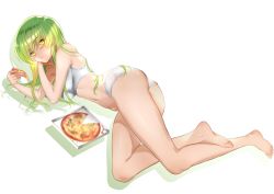 Rule 34 | 1girl, ass, barefoot, blush, bra, c.c., closed mouth, code geass, food, full body, green hair, groin, hair between eyes, highres, holding, holding food, long hair, looking at viewer, lying, navel, on side, panties, pizza, simple background, solo, sports bra, stomach, underwear, underwear only, white background, white bra, white panties, yellow eyes, zasshu