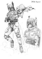 Rule 34 | 1boy, animification, armor, boba fett, cape, character name, flying, graphite (medium), greyscale, gun, haruichi (haruichithm), highres, holding, holding gun, holding weapon, jetpack, knee pads, looking down, mandalorian, monochrome, multiple views, radio antenna, science fiction, star wars, traditional media, weapon