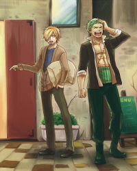 Rule 34 | 2boys, annoyed, bag, blonde hair, boots, cigarette, frown, full body, green hair, hair over one eye, hamadaichi, hand in pocket, hand on head, haramaki, lost (state), male focus, menu, multiple boys, one-eyed, one piece, open clothes, open shirt, outdoors, pixiv sample, plant, planter, pointing, resized, restaurant, roronoa zoro, sanji (one piece), scar, shirt, smoking, standing, sweater