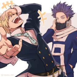 Rule 34 | +++, 2boys, bags under eyes, belt, belt buckle, black pants, blonde hair, blue eyes, boku no hero academia, breast pocket, bright pupils, brown belt, buckle, buttons, collared shirt, commentary request, double-breasted, film grain, foreshortening, grey background, hair slicked back, hand in pocket, hand on mask, hand on own head, handkerchief, happy, head back, highres, jacket, jitome, lapels, laughing, leaning back, letterboxed, long scarf, long sleeves, looking at viewer, male focus, mask, messy hair, monoma neito, mouth mask, multiple belts, multiple boys, nakamu 405, necktie, open mouth, outside border, outstretched arm, pants, partial commentary, pixiv username, pocket, polka dot necktie, popped collar, profile, purple eyes, purple hair, sanpaku, scarf, shinsou hitoshi, shirt, short hair, shout lines, sideways glance, sleeve cuffs, smile, tailcoat, track jacket, track pants, track suit, twitter username, two-sided fabric, two-sided tailcoat, two-tone necktie, u.a. gym uniform, unamused, upper body, white belt, white pupils, white scarf, white shirt