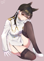 Rule 34 | 1girl, animal ears, arm support, artist name, atago (azur lane), azur lane, black hair, black thighhighs, breasts, brown background, commentary request, dated, extra ears, garter straps, head tilt, highres, large breasts, lips, long hair, looking at viewer, military, military uniform, miniskirt, mole, mole under eye, pink lips, ribbon, shiromonefu, simple background, sitting, skirt, solo, swept bangs, thighhighs, uniform, white ribbon