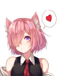 Rule 34 | 1girl, absurdres, animal ear fluff, animal ears, bare shoulders, black dress, blush, breasts, cat ears, closed mouth, commentary, dress, fate/grand order, fate (series), grey jacket, hair over one eye, heart, highres, jacket, kishita yuu, large breasts, light purple hair, looking at viewer, mash kyrielight, necktie, purple eyes, short hair, solo