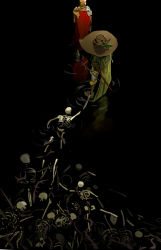 Rule 34 | 2boys, absurdres, ankle grab, black background, boots, brown footwear, brown headwear, cape, d hunter of the dead, elden ring, from above, from behind, green cape, hat feather, highres, multiple boys, red cape, ripples, shirleys, skeleton, sorcerer rogier
