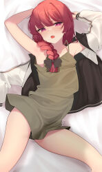 Rule 34 | 1girl, absurdres, armpits, bed sheet, blush, bocchi the rock!, braid, braided ponytail, dress, fang, feet out of frame, green dress, hair over shoulder, highres, hiroi kikuri, jacket, kebohan, letterman jacket, looking at viewer, lying, on back, pillow, red eyes, red hair, sleeveless, sleeveless dress, solo