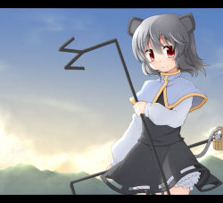 Rule 34 | 1girl, animal ears, bad id, bad pixiv id, basket, capelet, female focus, fuuen (akagaminanoka), grey hair, letterboxed, looking at viewer, mouse (animal), mouse ears, mouse tail, nazrin, red eyes, smile, solo, tail, touhou