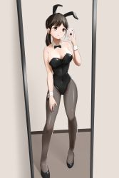 Rule 34 | 1girl, absurdres, animal ears, black bow, black bowtie, black footwear, black hair, black leotard, black pantyhose, bow, bowtie, breasts, brown eyes, cellphone, cleavage, detached collar, full body, highres, j.c.14, large breasts, leotard, love plus, mirror, pantyhose, phone, playboy bunny, ponytail, rabbit ears, reflection, solo, standing, takane manaka, thighs, wrist cuffs