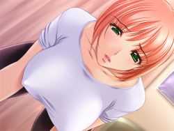 Rule 34 | 00s, 1girl, bent over, blush, breasts, covered erect nipples, game cg, green eyes, hanging breasts, hiiragi mia, large breasts, open mouth, orange hair, sano toshihide, short hair, solo, tsuma to mama to boin