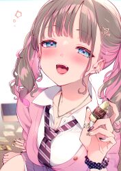 Rule 34 | 1girl, :d, barefoot, blue eyes, blunt bangs, blush, breasts, brown hair, cleavage, collarbone, collared shirt, ear piercing, fangs, fingernails, gyaru, hair behind ear, hair ornament, half-closed eye, heart, heart-shaped pupils, heart hair ornament, highres, holding, indoors, jewelry, kat (bu-kunn), large breasts, long hair, long sleeves, looking at viewer, multicolored hair, multicolored nails, nail art, nail polish, necklace, necktie, on floor, open mouth, original, paid reward available, piercing, pink hair, purple nails, ring, scrunchie, shirt, simple background, sitting, sleeves rolled up, smile, solo, striped necktie, symbol-shaped pupils, toes, tongue, twintails, valentine, wavy hair, white background, white shirt, wrist scrunchie