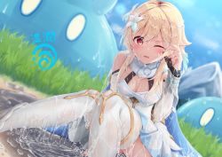 Rule 34 | 1girl, absurdres, bassa, blonde hair, blush, breasts, dress, flower, genshin impact, highres, large breasts, lumine (genshin impact), one eye closed, sitting, slime, slime (substance), suggestive fluid, thighhighs, thighs, wet, wet clothes, wink