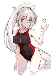Rule 34 | 1girl, ahoge, alternate color, arm at side, armpits, bare shoulders, black-framed eyewear, black one-piece swimsuit, breasts, collarbone, competition swimsuit, cosplay, cowboy shot, fate/grand order, fate (series), fire, fire, glasses, grey hair, grin, hair between eyes, hand up, heart, high ponytail, highres, hip focus, jeanne d&#039;arc alter (swimsuit berserker) (fate), jeanne d&#039;arc (fate), jeanne d&#039;arc (swimsuit archer) (fate), jeanne d&#039;arc (swimsuit archer) (fate) (cosplay), jeanne d&#039;arc (swimsuit archer) (second ascension) (fate), jeanne d&#039;arc alter (fate), jeanne d&#039;arc alter (swimsuit berserker) (fate), jewelry, leaning forward, long hair, looking at viewer, medium breasts, multicolored clothes, multicolored swimsuit, necklace, ohta yuichi, one-piece swimsuit, ponytail, rectangular eyewear, red one-piece swimsuit, sidelocks, simple background, slit pupils, smile, solo, standing, straight hair, swimsuit, teeth, thighs, tsurime, very long hair, wading, water, wet, whistle, whistle around neck, white background, yellow eyes
