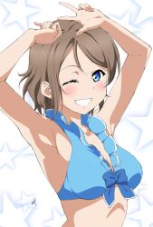 Rule 34 | 1girl, abs, armpits, arms up, bare shoulders, blush, breasts, brown hair, highres, love live!, love live! sunshine!!, nagi mkrnpn, one eye closed, short hair, simple background, smile, solo, stomach, v, watanabe you
