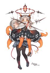 Rule 34 | + +, 2girls, antenna hair, artist name, black dress, black pantyhose, boots, brown footwear, cape, closed eyes, commentary request, dated, dress, grey hair, halo, highres, horns, koebushi (mat), lifting person, long sleeves, looking at viewer, medium hair, multiple girls, orange eyes, orange pantyhose, original, pantyhose, pointy ears, short eyebrows, simple background, tentacle hands, white background