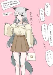 Rule 34 | 1girl, alternate costume, alternate hairstyle, animal ears, arknights, bag, collarbone, colt (allyourvase0808), commentary request, grey eyes, grey hair, hair ornament, hairclip, handbag, highres, jewelry, lappland (arknights), long hair, long sleeves, material growth, necklace, oripathy lesion (arknights), pink background, scar, scar across eye, shirt, sidelocks, simple background, sleeves past wrists, solo, standing, tail, translation request, wolf ears, wolf girl, wolf tail, yellow shirt