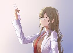 Rule 34 | 10s, 1girl, breasts, brown hair, brown shirt, closed mouth, futaba rio, glasses, hair between eyes, highres, holding, lab coat, large breasts, liquid, long hair, long sleeves, necktie, open clothes, prayer, red necktie, seishun buta yarou, shirt, smile, solo, test tube, wavy hair, yellow eyes