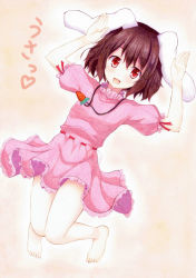 Rule 34 | 1girl, animal ears, bare legs, barefoot, brown hair, rabbit ears, carrot, carrot necklace, dress, highres, inaba tewi, jewelry, kittona, millipen (medium), necklace, open mouth, pastel (medium), pendant, pink dress, puffy short sleeves, puffy sleeves, red eyes, short sleeves, smile, solo, touhou, traditional media, watercolor pencil (medium)