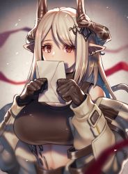 Rule 34 | 1girl, arknights, black choker, black gloves, breasts, brown eyes, choker, commentary request, crop top, gloves, grey background, hand up, holding, holding letter, horns, infection monitor (arknights), large breasts, letter, long hair, long sleeves, looking at viewer, material growth, midriff, mudrock (arknights), mudrock (elite ii) (arknights), oripathy lesion (arknights), pointy ears, silver hair, solo, sports bra, tanagawa makoto, upper body