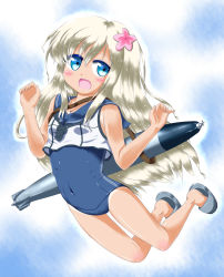 Rule 34 | 10s, 1girl, blonde hair, blue eyes, crop top, flower, hair flower, hair ornament, highres, jumping, kantai collection, lifebuoy, one-piece tan, ro-500 (kancolle), rsu511, sailor collar, school swimsuit, solo, swim ring, swimsuit, swimsuit under clothes, tan, tanline, torpedo