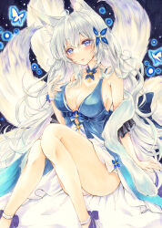 Rule 34 | 1girl, 2424yume, absurdres, animal ear fluff, animal ears, azur lane, bare shoulders, blue butterfly, blue collar, blue dress, blue eyes, breasts, bug, butterfly, cleavage, collar, commentary, dress, evening gown, feather boa, feet out of frame, fox ears, fox girl, halter dress, halterneck, highres, insect, kitsune, kyuubi, large breasts, large tail, long hair, looking at viewer, multiple tails, official alternate costume, panties, shinano (azur lane), shinano (dreams of the hazy moon) (azur lane), sitting, sleeveless, sleeveless dress, solo, tail, traditional media, underwear, very long hair, white panties, white tail, wrist flower