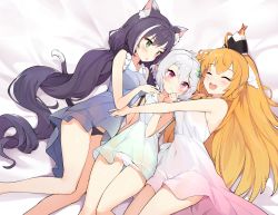 Rule 34 | 3girls, :d, ^ ^, ahoge, animal ear fluff, animal ears, antenna hair, black hair, black panties, blush, breasts, cat ears, cat tail, closed eyes, closed mouth, collarbone, covered navel, dress, girl sandwich, green eyes, hair between eyes, hair ornament, hair ribbon, highres, jehyun, karyl (princess connect!), kokkoro (princess connect!), leaf hair ornament, long hair, lying, medium breasts, multicolored hair, multiple girls, on back, open mouth, orange hair, panties, pecorine (princess connect!), pointy ears, princess connect!, purple eyes, ribbon, sandwiched, see-through, short hair, sleeveless, sleeveless dress, small breasts, smile, streaked hair, tail, twintails, underwear, very long hair, white dress, white hair, white panties, white ribbon