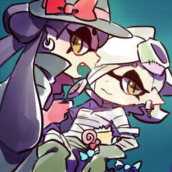 Rule 34 | 2girls, bandage over one eye, black cape, black hair, black hat, blue background, boots, bow, breasts, callie (splatoon), candy, cape, cephalopod eyes, chocolate, chocolate bar, closed mouth, collared cape, commentary request, cowboy shot, earrings, eyelashes, fang, food, food wrapper, gloves, green footwear, green gloves, halloween, halloween costume, hat, hat bow, high collar, holding, holding candy, holding food, holding lollipop, hoop earrings, jewelry, knee boots, lollipop, long hair, looking at viewer, looking back, marie (splatoon), multiple girls, mummy costume, nintendo, open mouth, pointy ears, red bow, red gloves, simple background, small breasts, smile, splatoon (series), swirl lollipop, tentacle hair, two-sided cape, two-sided fabric, ukata, white hair, witch hat, yellow eyes
