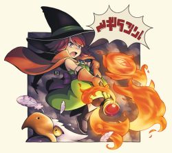 Rule 34 | 1girl, bare shoulders, black eyes, black footwear, boots, border, brown gloves, cape, dragon quest, dragon quest iii, dress, feathers, fire, full body, gloves, green dress, griffin, hat, holding, holding staff, mage (dq3), mawaru (mawaru), open mouth, orange cape, orange hair, short hair, sleeveless, sleeveless dress, staff, v-shaped eyebrows, witch, witch hat, yellow border
