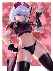 Rule 34 | 1girl, black gloves, black thighhighs, blush, breasts, closed mouth, crop top, cross, cross earrings, earrings, edboy, fingerless gloves, gloves, hand on own hip, hat, highres, holding, holding syringe, jewelry, large breasts, lips, looking at viewer, navel, nurse, nurse cap, original, pink eyes, short hair, silver hair, smile, solo, syringe, thighhighs