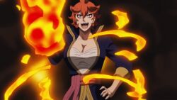 Rule 34 | 1girl, animated, animated gif, black clover, blue eyes, bouncing breasts, breasts, cleavage, coat, collarbone, fangs, fire, hand on own hip, large breasts, long sleeves, magic, mereoleona vermillion, open mouth, oral, short hair, smile, solo, walking