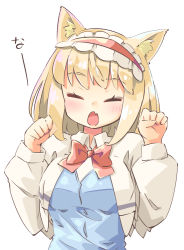 Rule 34 | 1girl, ^ ^, alice margatroid, animal ear fluff, animal ears, arnest, blush, bob cut, bow, bowtie, capelet, cat ears, clenched hands, closed eyes, facing viewer, fang, frilled hairband, frills, hairband, hands up, kemonomimi mode, long sleeves, open mouth, pale color, paw pose, puffy long sleeves, puffy sleeves, red bow, red bowtie, red hairband, shiny clothes, short hair, simple background, skin fang, solo, touhou, white background, white capelet, wing collar