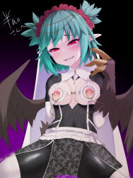 Rule 34 | 1girl, black feathers, black wings, blush, breasts, claws, commentary request, commission, feathered wings, feathers, green hair, harpy, highres, indie virtual youtuber, lincoro, medium breasts, monster girl, nipple piercing, nipples, okuri banto, open mouth, piercing, pointy ears, red eyes, short hair, short twintails, skeb commission, solo, thighhighs, twintails, virtual youtuber, white thighhighs, white veil, winged arms, wings