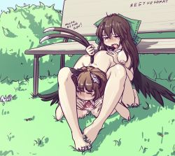 Rule 34 | 2girls, 69, animal ears, ass grab, barefoot, bench, bow, breasts, brown hair, can, cat ears, chen, completely nude, crying, cunnilingus, earrings, grabbing, grass, green bow, green nails, hair bow, hater (hatater), hymen, jewelry, large breasts, long hair, multiple girls, multiple tails, nail polish, nekomata, nipples, nude, open mouth, oral, outdoors, profanity, public indecency, public nudity, pussy, radiation symbol, reiuji utsuho, russian text, short hair, sitting, spread pussy, tail, tail grab, tears, text focus, toe ring, toenail polish, toenails, tongue, tongue out, touhou, two tails, uncensored, virgin, wings, yuri