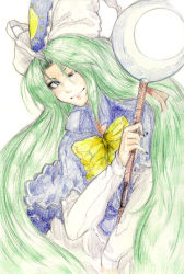 Rule 34 | 1girl, bad id, bad pixiv id, blue eyes, female focus, green hair, hat, highres, long hair, mima (touhou), mystic square, okunin, ribbon, solo, staff, touhou, touhou (pc-98), traditional media, very long hair, watercolor pencil (medium), white background, wink, wizard hat
