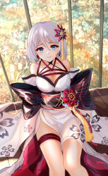Rule 34 | 1girl, absurdres, azur lane, back bow, bdsm, blue eyes, bondage, bound, bow, breasts, cleavage, criss-cross halter, earrings, flower, hair between eyes, hair flower, hair ornament, halterneck, highres, japanese clothes, jewelry, kimono, large bow, looking at viewer, medium breasts, medium hair, off shoulder, official alternate costume, red rope, red sash, restrained, rope, sash, shibari, shibari under clothes, sitting, solo, tirpitz (azur lane), tirpitz (seasonal pine and the frost flower) (azur lane), traditional media, white hair, white kimono, wooden floor, zhadanzhawugui