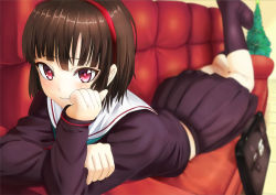 Rule 34 | 1girl, bad id, bad pixiv id, bag, briefcase, brown hair, couch, hand on own cheek, hand on own face, kneehighs, lying, no shoes, noririn, on stomach, original, parted lips, pleated skirt, red eyes, red upholstery, school bag, school briefcase, school uniform, serafuku, short hair, skirt, socks, solo
