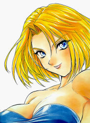 Rule 34 | 1girl, bare shoulders, blonde hair, blue eyes, blue mary, breasts, cleavage, fatal fury, large breasts, lips, nose, short hair, snk, solo, strapless, the king of fighters, tube top