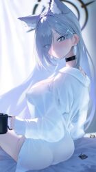 Rule 34 | 1girl, animal ear fluff, animal ears, bed, blue archive, condom, condom wrapper, cup, curtains, earrings, highres, jewelry, kazane-wind, long hair, looking at viewer, looking back, mug, on bed, shiroko (blue archive), shiroko terror (blue archive), shirt, sitting, stain, white hair, white shirt, wolf ears