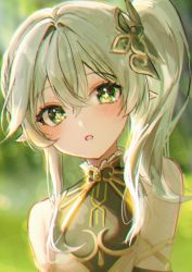 Rule 34 | + +, 1girl, 723/nanahumi, :o, bad id, bad pixiv id, blurry, blurry background, blush, commentary request, cross-shaped pupils, detached sleeves, dress, genshin impact, green background, green dress, green eyes, green theme, hair ornament, looking at viewer, medium hair, nahida (genshin impact), open mouth, outdoors, pointy ears, side ponytail, sleeveless, sleeveless dress, solo, symbol-shaped pupils, upper body, white hair