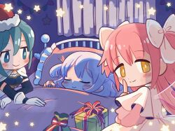 Rule 34 | 3girls, arm support, bed, bed frame, bed sheet, bedroom, blue eyes, blue hair, blue sleeves, blush, blush stickers, box, breasts, bright pupils, cape, child, choker, christmas, christmas present, christmas stocking, closed eyes, closed mouth, curtains, darkness, detached sleeves, dot nose, dress, elbow rest, finger to mouth, frilled pillow, frills, gift, gift bag, gift box, gloves, glowing, gold trim, hair between eyes, hair ribbon, half-closed eyes, hand rest, hand up, hat, highres, index finger raised, indoors, kaname madoka, layered sleeves, leon0510, long hair, looking at another, looking at viewer, looking back, mahou shoujo madoka magica, mahou shoujo madoka magica: hangyaku no monogatari, mahou shoujo madoka magica (anime), medium breasts, miki sayaka, momoe nagisa, multiple girls, pillow, pink dress, pink hair, ribbon, santa hat, short hair, shushing, sidelocks, sleeping, smile, star (symbol), straight hair, strapless, string of flags, tareme, transparent wings, two side up, ultimate madoka, under covers, very long hair, white cape, white choker, white gloves, white hair, white pupils, white ribbon, wide sleeves, wings, yellow eyes