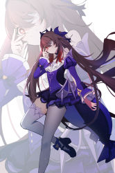 Rule 34 | 1girl, absurdres, asymmetrical legwear, brown hair, commentary request, cosplay, detached sleeves, eyepatch, fischl (ein immernachtstraum) (genshin impact), fischl (genshin impact), fischl (genshin impact) (cosplay), genshin impact, hair between eyes, highres, hu tao (genshin impact), long hair, long sleeves, looking at viewer, official alternate costume, ponytail, qixia, red eyes, sidelocks, simple background, smile, solo, standing, standing on one leg, symbol-shaped pupils, tiara, zoom layer