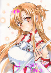 Rule 34 | 1girl, armor, artist name, asuna (sao), at classics, braid, brown eyes, brown hair, french braid, holding, holding sword, holding weapon, long hair, looking at viewer, sample watermark, sidelocks, smile, solo, sword, sword art online, traditional media, upper body, watermark, weapon, white armor