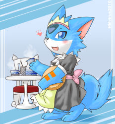 Rule 34 | 1girl, animal ears, animal feet, animal nose, back bow, barefoot, black dress, blue background, blue eyes, blue fur, blush, body fur, bow, chair, character request, cup, dated, dress, english text, female focus, fox ears, fox girl, fox tail, from side, full body, furry, furry female, handymonsters, happy, heart, heel up, kame (3t), looking at viewer, maid headdress, one eye closed, open mouth, pink bow, pitcher (container), puffy short sleeves, puffy sleeves, sash, saucer, short sleeves, smile, solo, spoon, standing, steam, sugar cube, table, tail, teacup, two-tone fur, white fur, wink