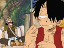 Rule 34 | 3boys, bag, black hair, blonde hair, boat, goggles, green shirt, hair over one eye, hat, impression, injury, laughing, long nose, male focus, monkey d. luffy, multiple boys, one piece, open clothes, open shirt, overalls, pirate, red shirt, sanji (one piece), sash, scar, shirt, skypiea, straw hat, taunting, usopp, vest