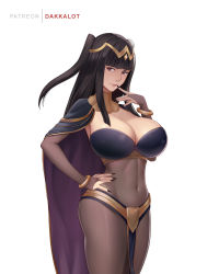 Rule 34 | 1girl, artist name, black cape, black hair, black nails, blunt bangs, bodystocking, bracelet, breasts, brown eyes, cape, circlet, cleavage, cleavage cutout, closed mouth, clothing cutout, covered navel, cowboy shot, dakkalot, finger to mouth, fire emblem, fire emblem awakening, jewelry, large breasts, loincloth, long hair, nail polish, nintendo, skin tight, smile, solo, straight hair, tharja (fire emblem), two side up