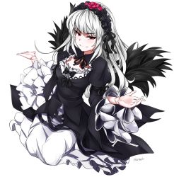 Rule 34 | 1girl, breasts, dress, frilled dress, frilled sleeves, frills, gothic lolita, grin, highres, lolita fashion, medium breasts, pan-ooh, red eyes, rozen maiden, silver hair, smile, solo, suigintou, transparent background