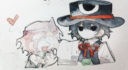 Rule 34 | 2others, aaayamitsu, absurdres, androgynous, black eyes, black hair, black headwear, chibi, chinese commentary, closed eyes, closed mouth, collared shirt, commentary request, detached sleeves, enraku tsubakura, hat, heart, highres, len&#039;en, multiple others, neck ribbon, no nose, open mouth, other focus, pink hair, ribbon, shion (len&#039;en), shirt, short hair, short sleeves, sketch, sleeveless, sleeveless shirt, smile, triangular headpiece, white shirt, white sleeves