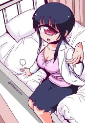 Rule 34 | 1girl, :d, bed, bed frame, black hair, black skirt, blush, breasts, cleavage, coat, commentary request, curtains, cyclops, feet out of frame, from above, hitomi sensei no hokenshitsu, hospital bed, infirmary, lab coat, long hair, long sleeves, looking at viewer, looking up, manaka hitomi, medium breasts, on bed, one-eyed, one-hour drawing challenge, open mouth, outstretched arm, pillow, pink eyes, pink shirt, ponytail, shake-o, shirt, sitting, skirt, smile, solo, twitter username, white coat