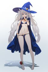 Rule 34 | 1girl, absurdres, bare legs, barefoot, bell, bikini, blue bikini, blue cape, blue eyes, blue hat, bracelet, breasts, cape, chukibabo2, clothes pull, commission, dungeon and fighter, elf, flower, full body, grey background, grey hair, groin, hand up, hat, hat bell, highres, jewelry, jingle bell, long hair, navel, pointy ears, pulling own clothes, red flower, simple background, small breasts, solo, standing, stomach, swimsuit, twintails, very long hair, witch hat