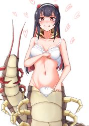 Rule 34 | 1girl, :p, arthropod girl, arthropod limbs, bad id, bad tumblr id, bags under eyes, bra, centipede girl, emukae kaede (plan), female focus, hairband, heart, heart-shaped pupils, highres, long hair, monster girl, multicolored hair, navel, original, plan (planhaplalan), red eyes, simple background, smile, solo, stomach, symbol-shaped pupils, tongue, tongue out, underwear, underwear only, white background