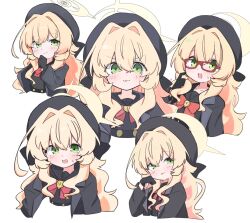 1girl :d :p beret black_gloves black_hat black_jacket black_sailor_collar black_shirt blonde_hair blue_archive blush bow closed_mouth commentary_request cropped_torso glasses gloves green_eyes hair_between_eyes hair_intakes halo hand_up hat highres jacket kujou_karasuma long_hair multiple_views open_clothes open_jacket open_mouth professor_niyaniya_(blue_archive) red-framed_eyewear red_bow sailor_collar scratching_cheek shirt simple_background small_sweatdrop smile sweat tongue tongue_out v-shaped_eyebrows very_long_hair white_background